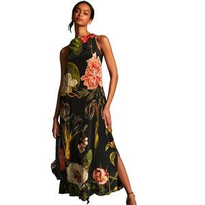 Siddhartha Bansal Halter Maxi Dress Lined Black Floral Sequin Detail Size 2